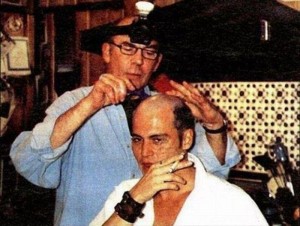 Hunter S. Thopmson shaving Johnny Depp's head. - Source Unknown.