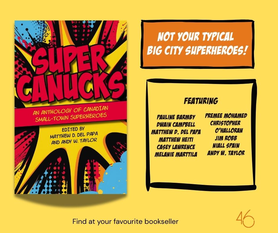 Image of SuperCanucks book cover and a list of the 11 contributors.
